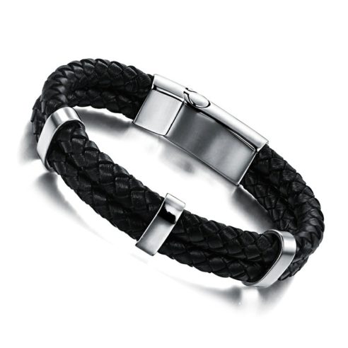 Bracelet en cuir tressé noir et fermoir en acier inoxydable