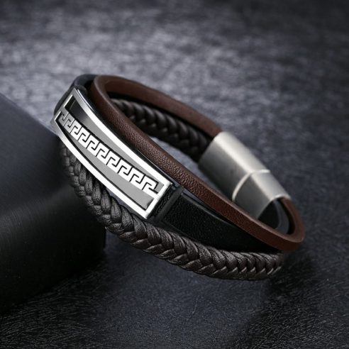 Bracelet pour homme en cuir noir et marron avec plaque en acier inoxydable