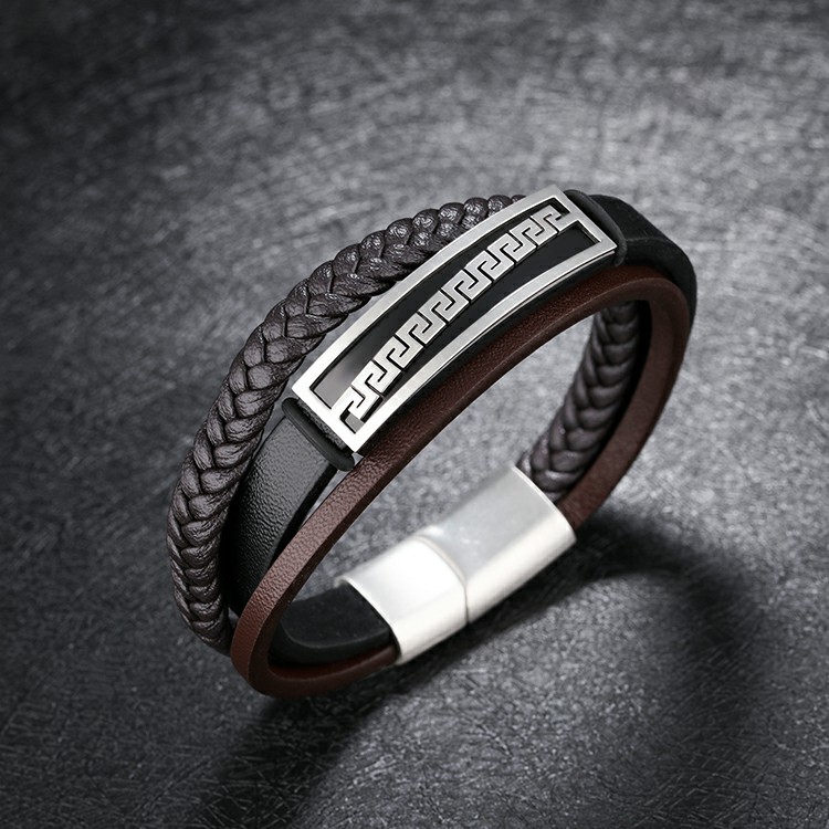 Bracelet pour homme en cuir noir et marron avec plaque en acier inoxydable