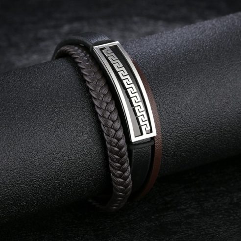 Bracelet pour homme en cuir noir et marron avec plaque en acier inoxydable