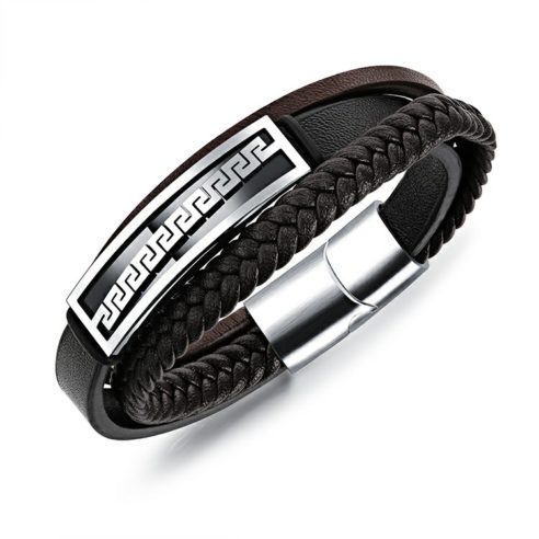 Bracelet pour homme en cuir noir et marron avec plaque en acier inoxydable