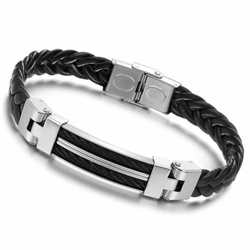 Bracelet pour homme en cuir synthétique noir tressé avec plaque en acier inoxydable