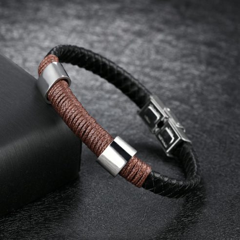 Bracelet pour homme en cuir synthétique noir, cordage marron et pièces en acier inoxydable