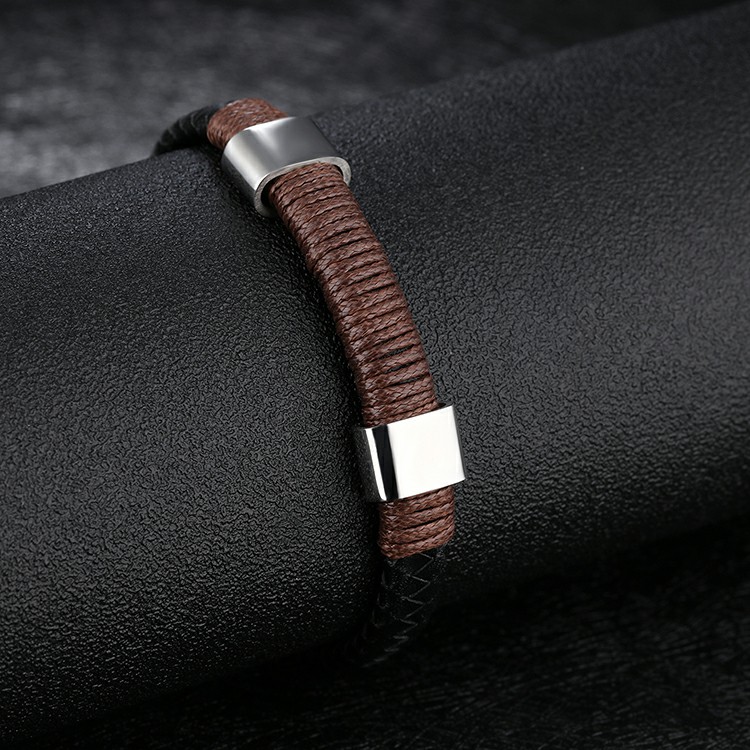 Bracelet pour homme en cuir synthétique noir, cordage marron et pièces en acier inoxydable