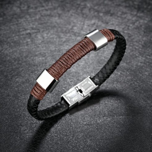 Bracelet pour homme en cuir synthétique noir, cordage marron et pièces en acier inoxydable