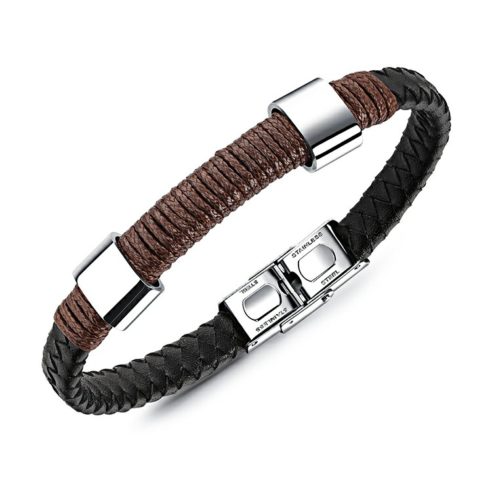 Bracelet pour homme en cuir synthétique noir, cordage marron et pièces en acier inoxydable