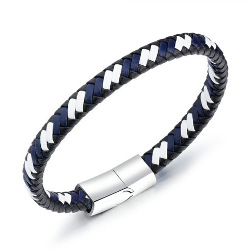 Bracelet en cuir synthétique bleu tressé et fermoir en acier inoxydable