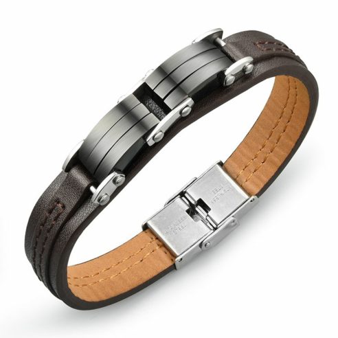 Bracelet pour homme en cuir synthétique marron avec maillons en acier inoxydable noir