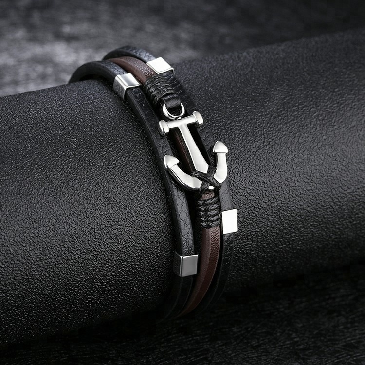 Bracelet en cuir synthétique noir et marron avec ancre en acier inoxydable