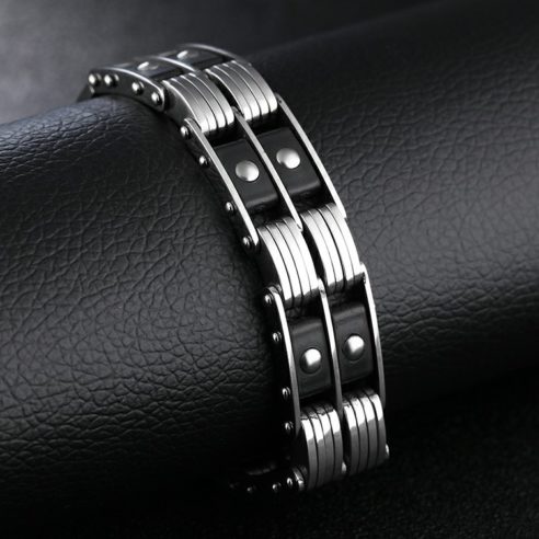 Bracelet en acier inoxydable argent et noir en forme de chaîne de moto