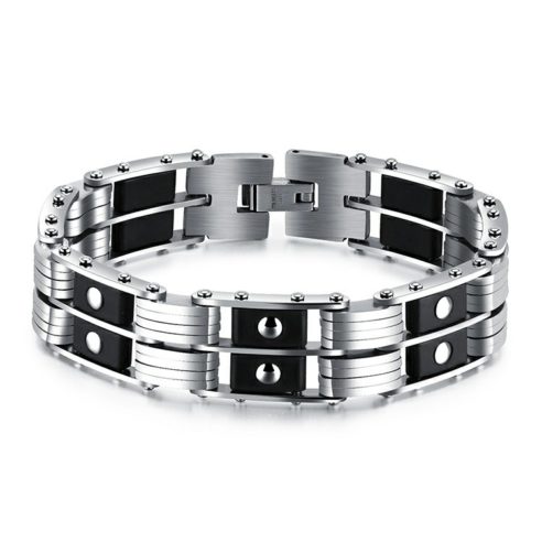 Bracelet en acier inoxydable argent et noir en forme de chaîne de moto