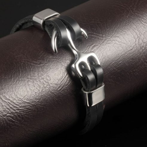 Bracelet en cuir noir avec ancre en acier inoxydable