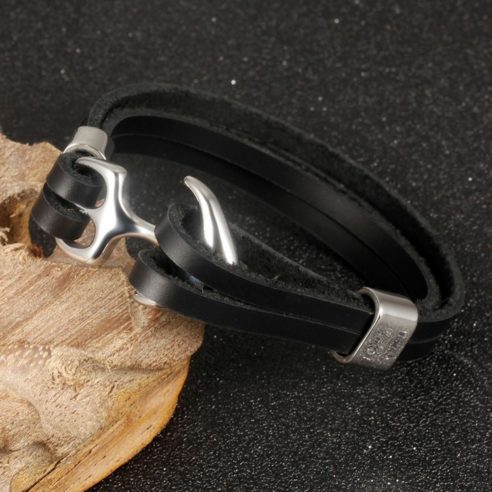Bracelet en cuir noir avec ancre en acier inoxydable