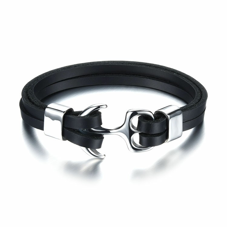 Bracelet en cuir noir avec ancre en acier inoxydable