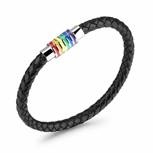 Bracelet pour homme en cuir noir avec fermoir magnétique multicolore en acier inoxydable