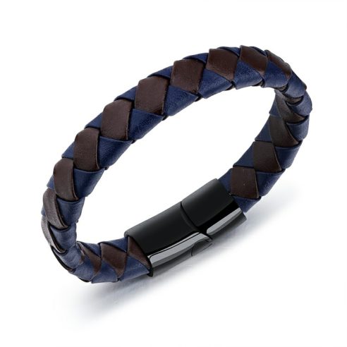 Bracelet en cuir synthétique bleu et marron tressé et fermoir en acier inoxydable noir