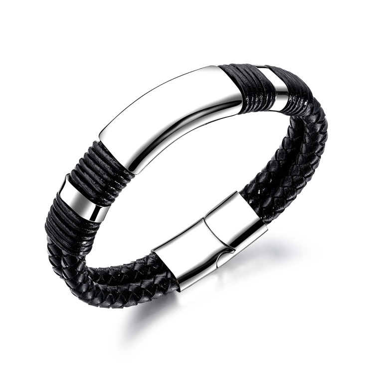 Bracelet en cuir noir avec plaque en acier inoxydable entourée de cordage