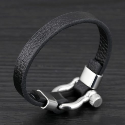 Bracelet pour homme en cuir noir avec manille en acier inoxydable