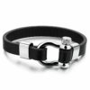 Bracelet pour homme en cuir noir avec manille en acier inoxydable