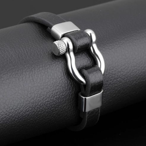 Bracelet pour homme en cuir noir avec manille en acier inoxydable