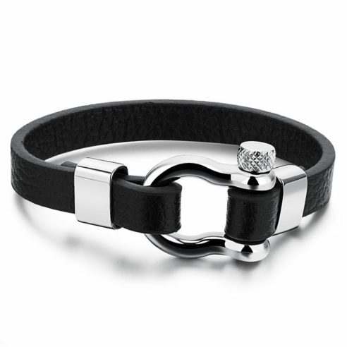Bracelet pour homme en cuir noir avec manille en acier inoxydable