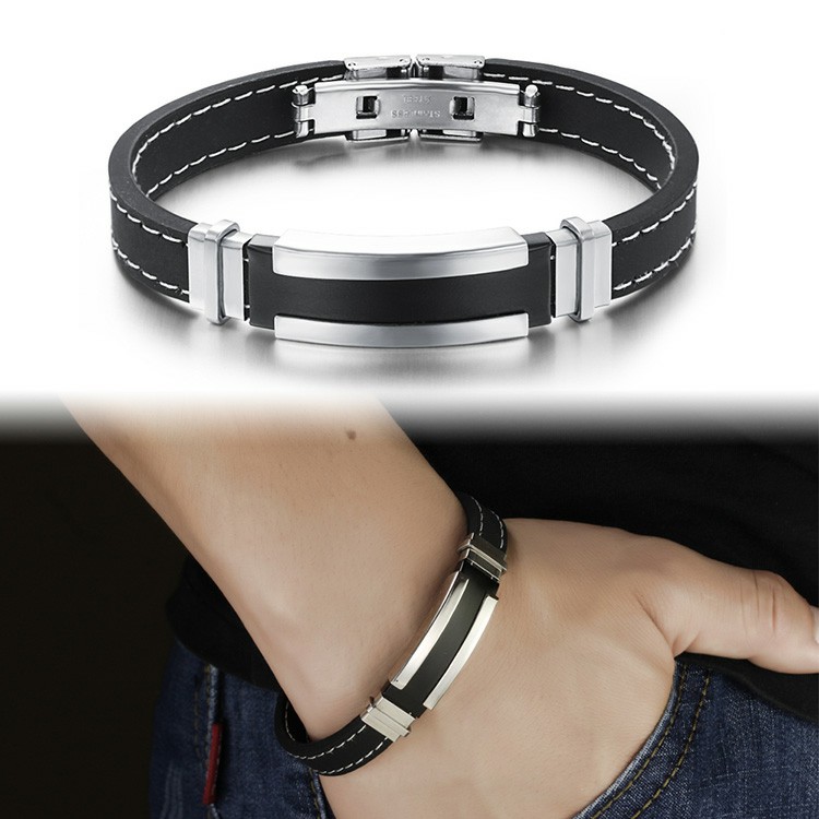 Bracelet en silicone noir et plaque en acier inoxydable argent et noir