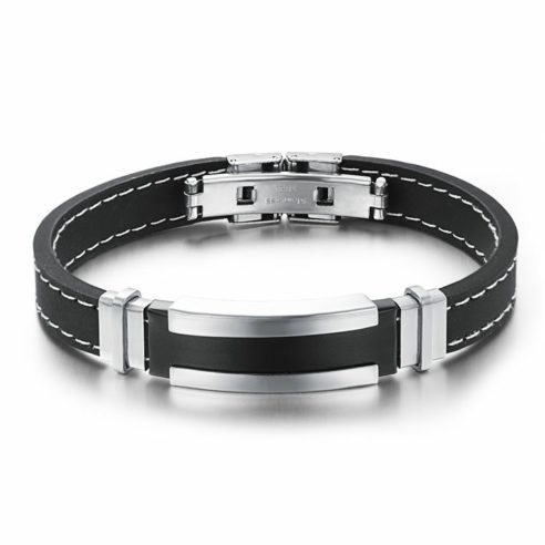Bracelet en silicone noir et plaque en acier inoxydable argent et noir