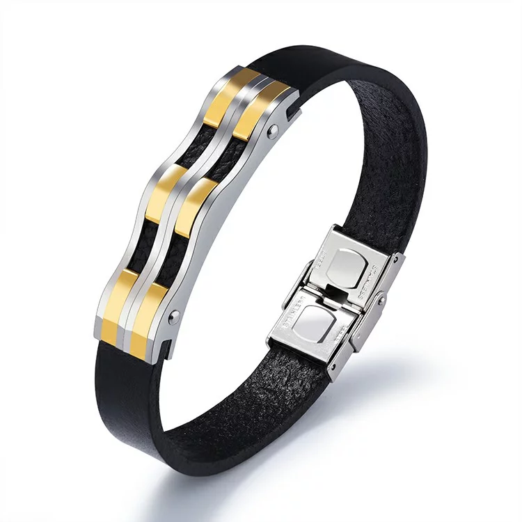 Bracelet en cuir noir avec plaque ondulée en acier inoxydable plaquée or