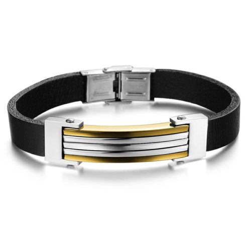 Bracelet en cuir noir avec plaque en acier inoxydable et bandes plaquées or