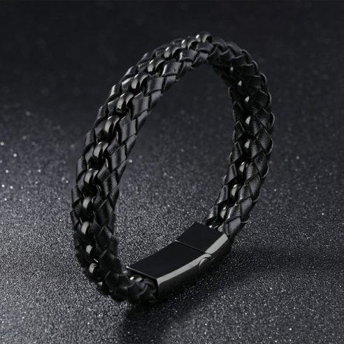 Bracelet en cuir noir avec billes et fermoir en acier inoxydable