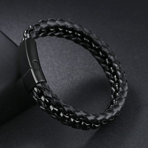 Bracelet en cuir noir avec billes et fermoir en acier inoxydable