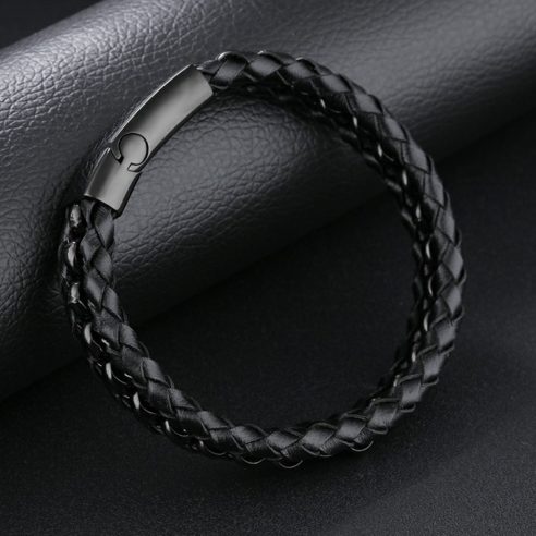 Bracelet en cuir noir avec billes et fermoir en acier inoxydable