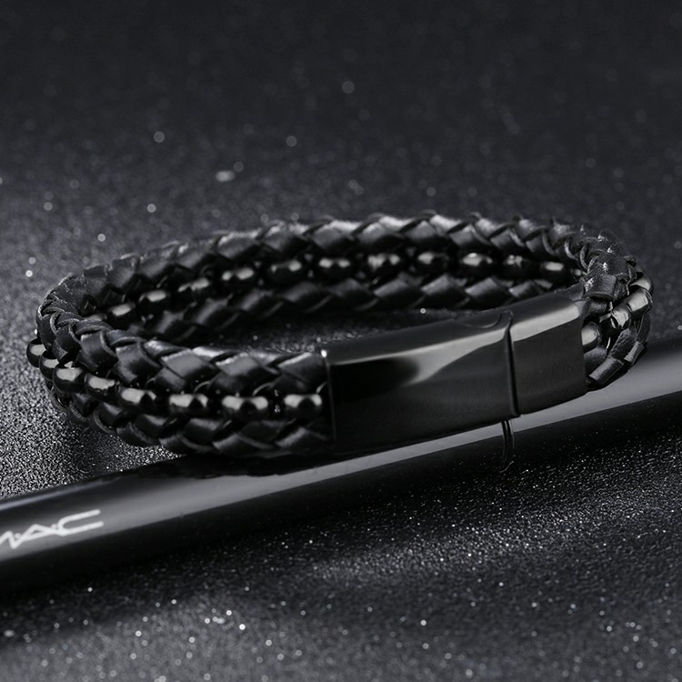 Bracelet en cuir noir avec billes et fermoir en acier inoxydable