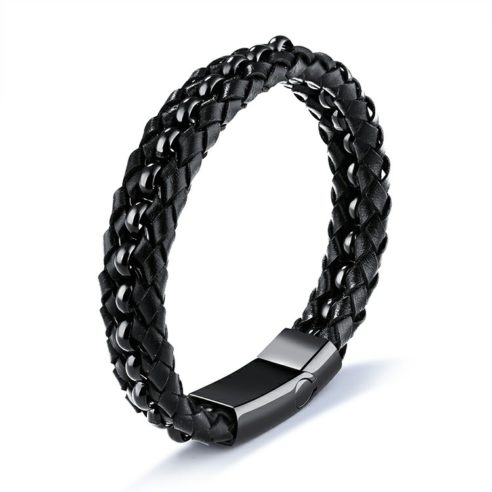 Bracelet en cuir noir avec billes et fermoir en acier inoxydable