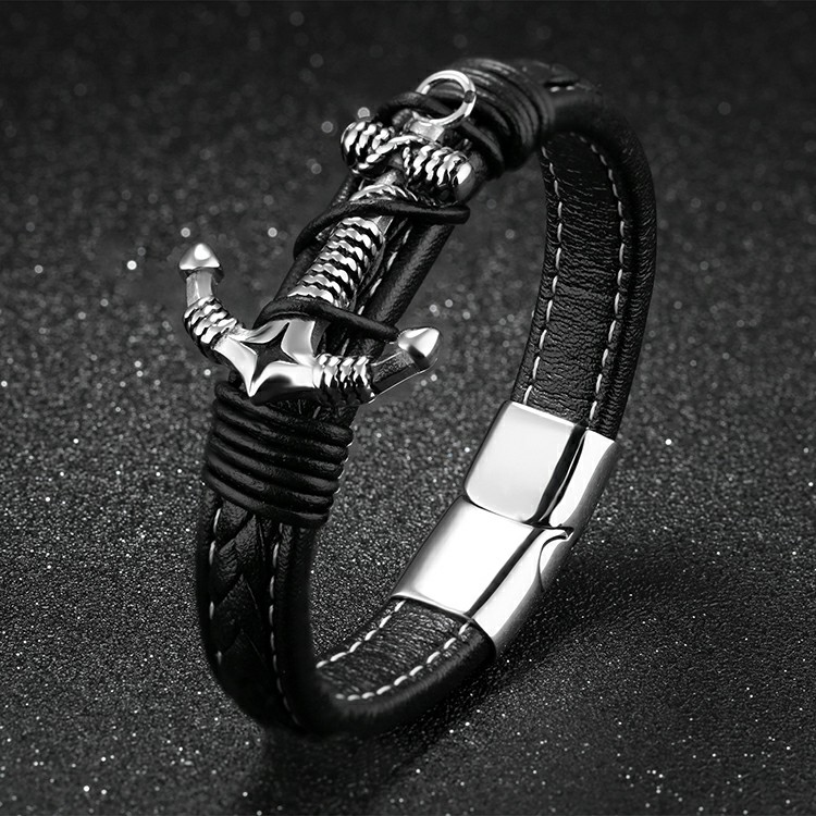 Bracelet en cuir noir avec ancre en acier inoxydable et cordages
