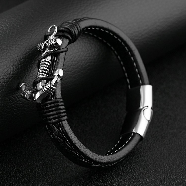 Bracelet en cuir noir avec ancre en acier inoxydable et cordages