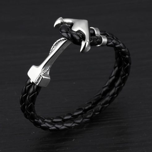 Bracelet en cuir noir avec ancre en acier inoxydable