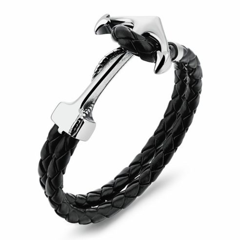 Bracelet en cuir noir avec ancre en acier inoxydable