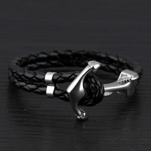 Bracelet en cuir noir avec ancre en acier inoxydable