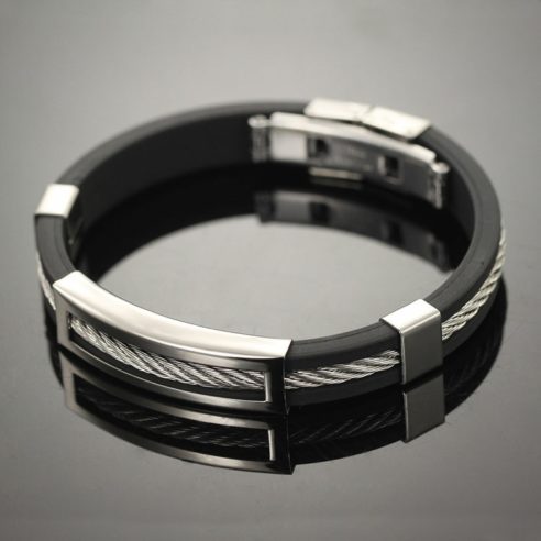 Bracelet en silicone noir et acier inoxydable