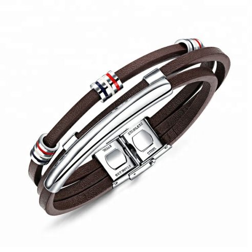 Bracelet en cuir synthétique marron et pièces en acier inoxydable ornées de bandes bleu blanc rouge