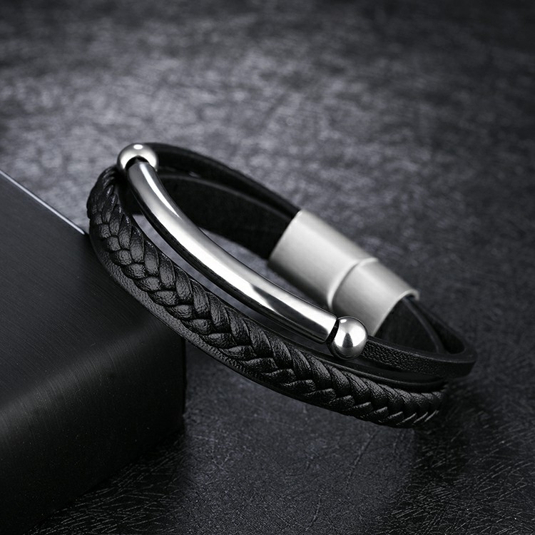 Bracelet pour homme en cuir synthétique noir et tube en acier inoxydable