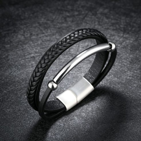 Bracelet pour homme en cuir synthétique noir et tube en acier inoxydable