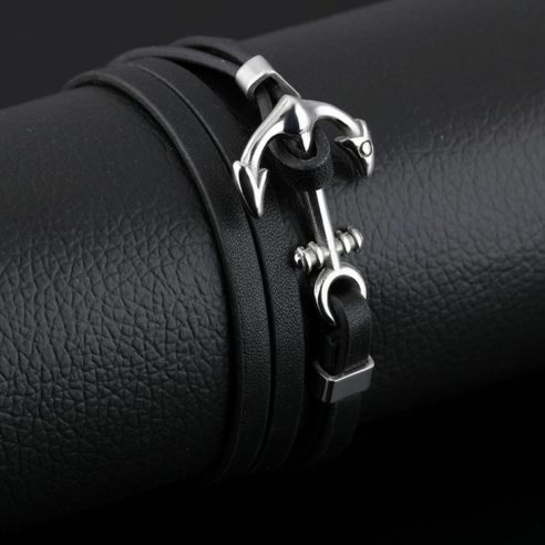 Bracelet multi-tours pour homme en cuir noir avec ancre en acier inoxydable