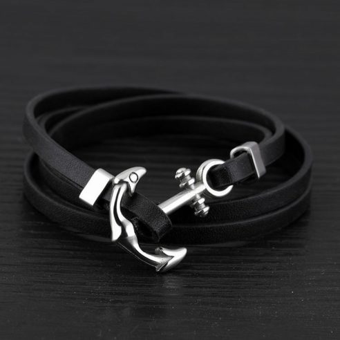 Bracelet multi-tours pour homme en cuir noir avec ancre en acier inoxydable