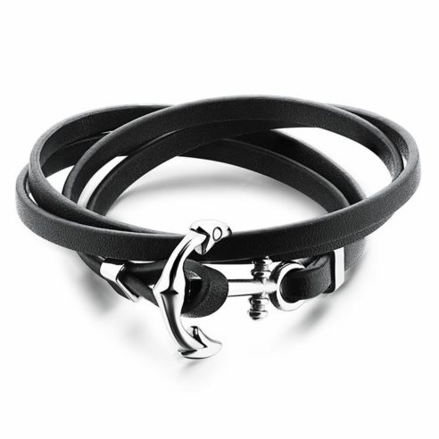 Bracelet multi-tours pour homme en cuir noir avec ancre en acier inoxydable