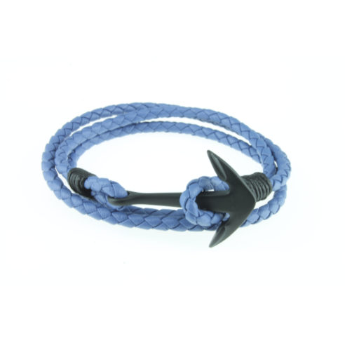 Bracelet multi-tours en nylon bleu et ancre en acier inoxydable noir