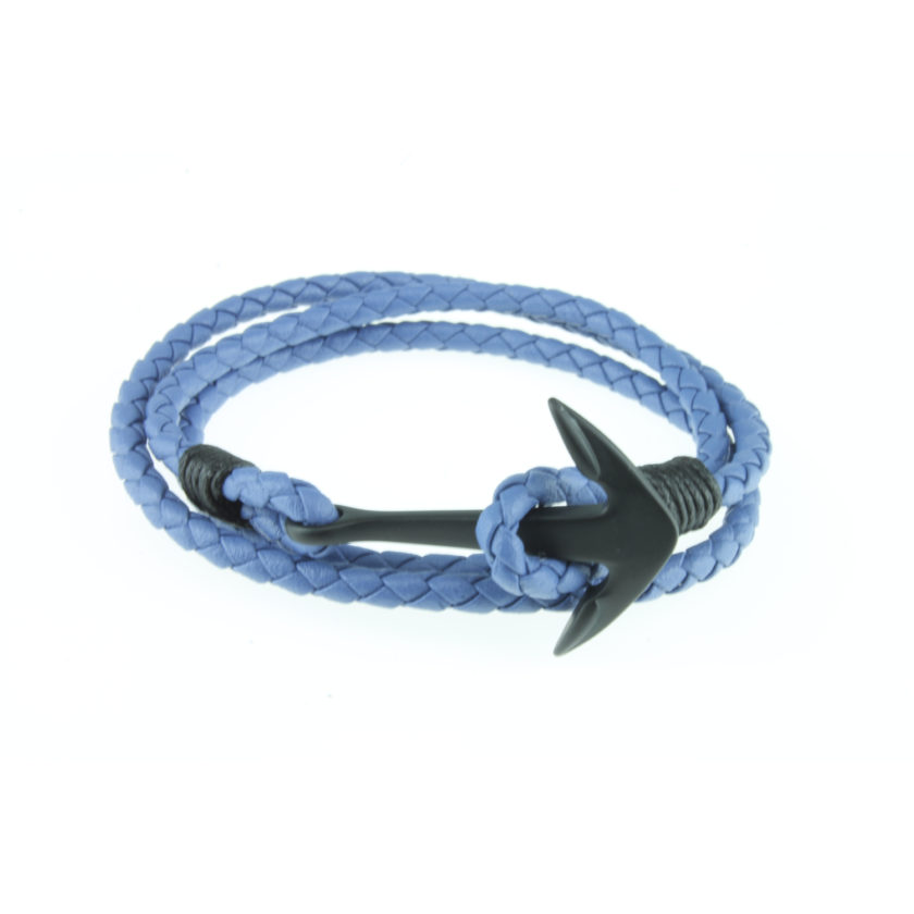 Bracelet multi-tours en nylon bleu et ancre en acier inoxydable noir