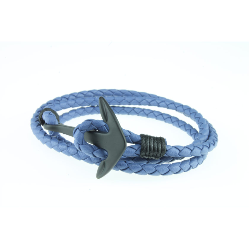 Bracelet multi-tours en nylon bleu et ancre en acier inoxydable noir