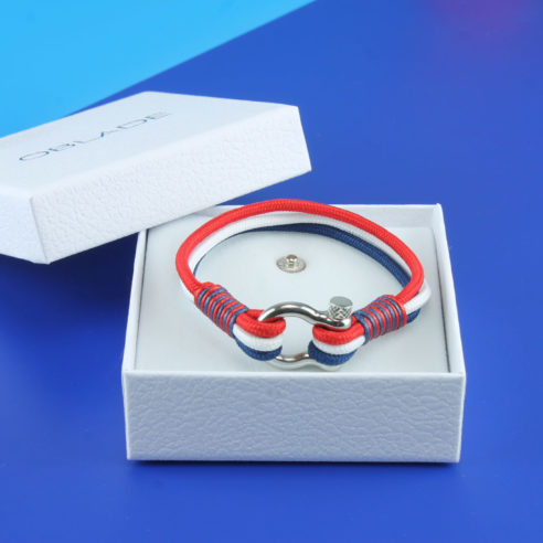 Bracelet en nylon bleu blanc rouge et manille en acier inoxydable